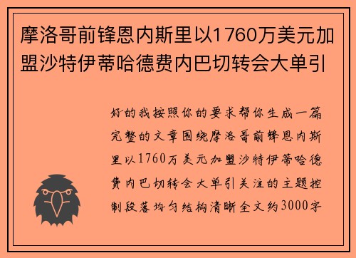 摩洛哥前锋恩内斯里以1760万美元加盟沙特伊蒂哈德费内巴切转会大单引关注